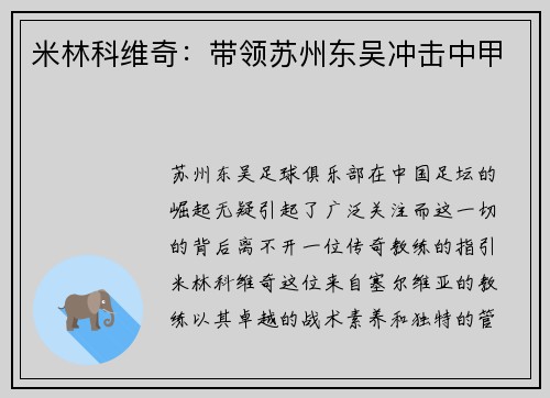 米林科维奇：带领苏州东吴冲击中甲
