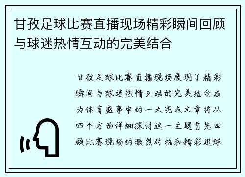 甘孜足球比赛直播现场精彩瞬间回顾与球迷热情互动的完美结合